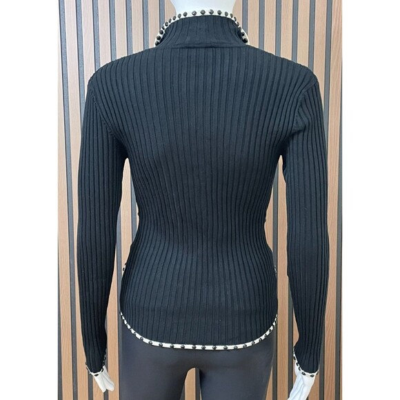 Cache Women's S Black Sweater 100% Silk Cardigan Ribbed Knit Stretch Y2K Zip - Picture 2 of 8